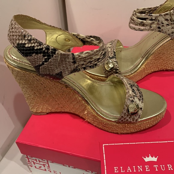 NWB 👑 Elaine Turner Kelcie Leather Raffia Wedge Platform Sandal Tan Gold Black - Picture 6 of 15